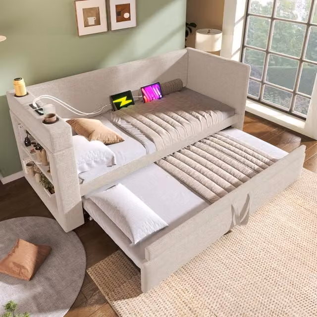 Aosom UK Beige Upholstered Single Daybed Sofa Bed with Cup Holders and USB/Type-C Charging Ports, W/D/H: 190 x 98 x 74 cm