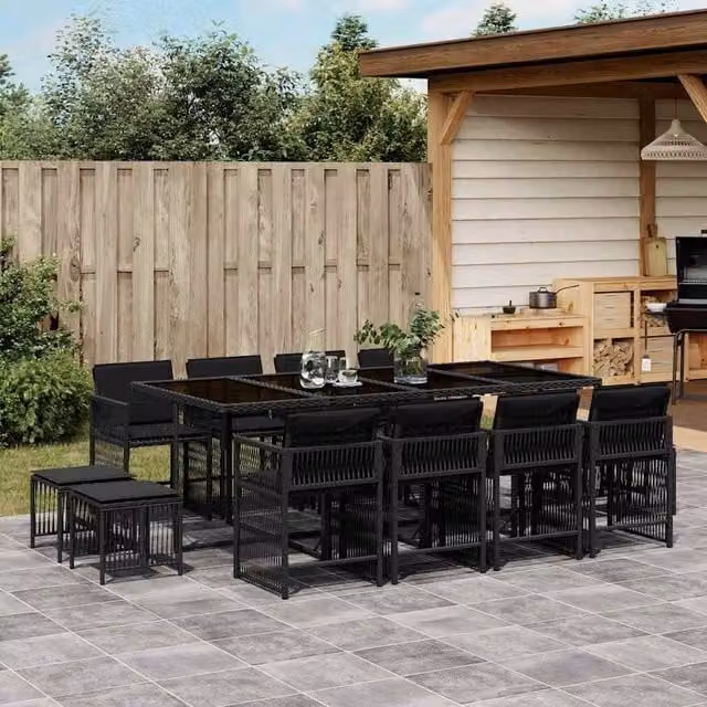 Berkfield Home 13 Piece Black Poly Rattan Garden Dining Set with Cushions and Glass Tabletop – 1