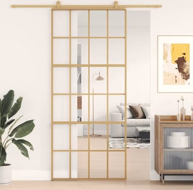 Berkfield Home Modern Sliding Door in Gold with Clear ESG Glass and Aluminium, W: 90 cm, H: 205 cm