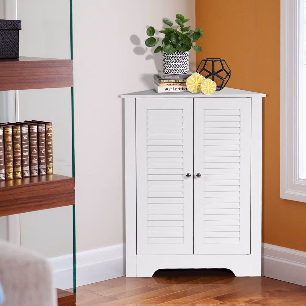Gymax Freestanding Corner Storage Cabinet with Double Roll Shutter Doors in White – 2