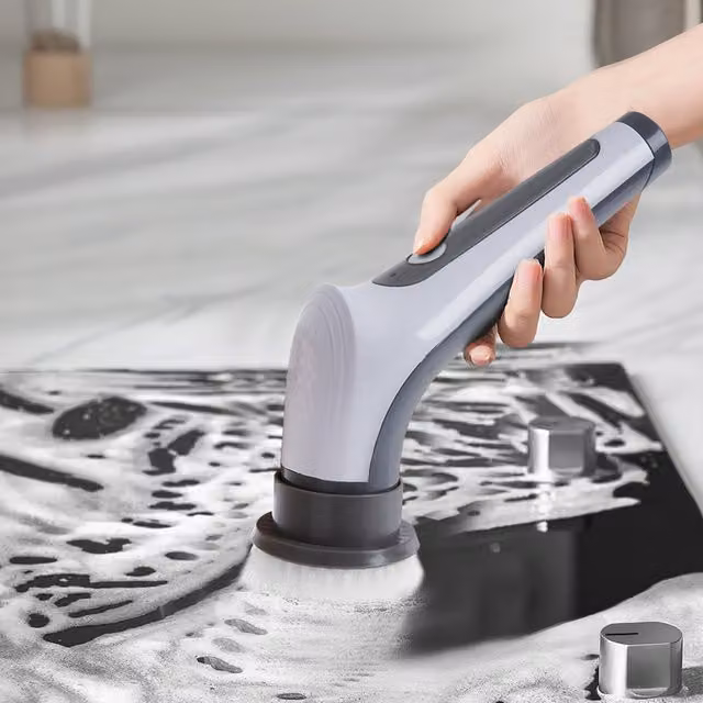 Komore Retractable Electric Cleaning Brush with 6 Replaceable Heads in White