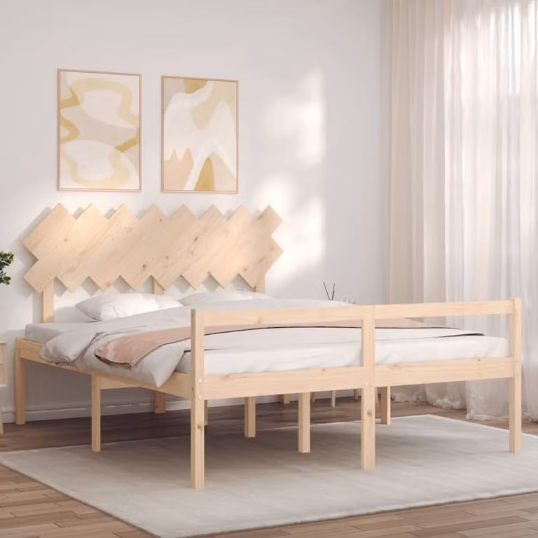 Berkfield Home Solid Wood Bed Frame with Headboard in Brown, W: 160 cm, L: 200 cm