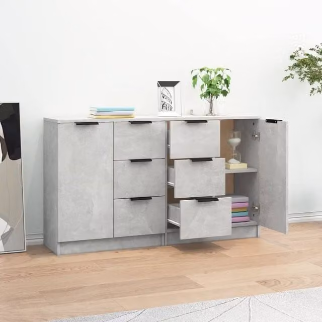 Berkfield Home Set of 2 Modern Concrete Grey Sideboards in Engineered Wood W/D/H: 60 x 30 x 70 cm
