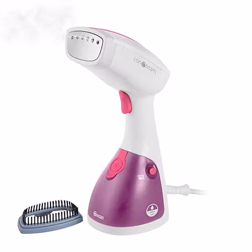 Swan Handheld Garment Steamer with Brush Attachment in White and Pink