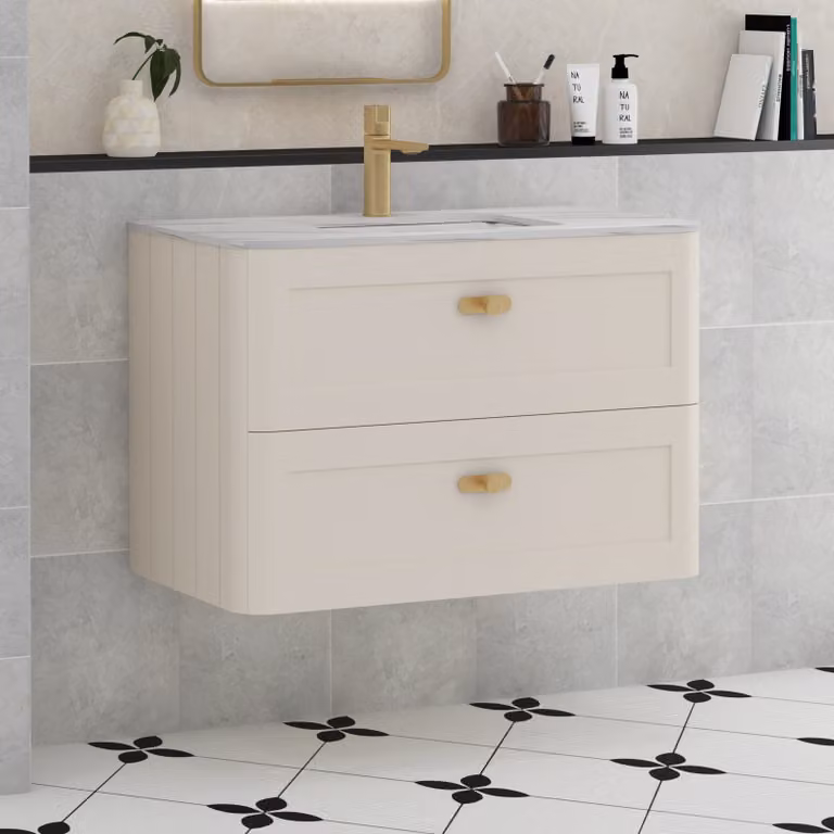 Royal Bathrooms Henley 800mm Wall Hung Vanity Unit in Mushroom Cashmere with 2 Drawers, Undrilled Carrara White Stone Top and Brushed Brass Knob