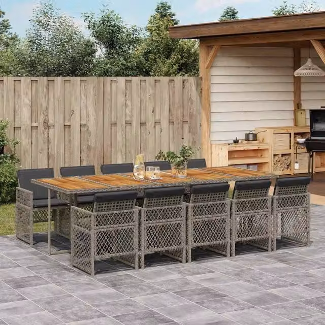 Berkfield Home 11 Piece Grey Poly Rattan Garden Dining Set with Acacia Wood Table and Cushions – 1