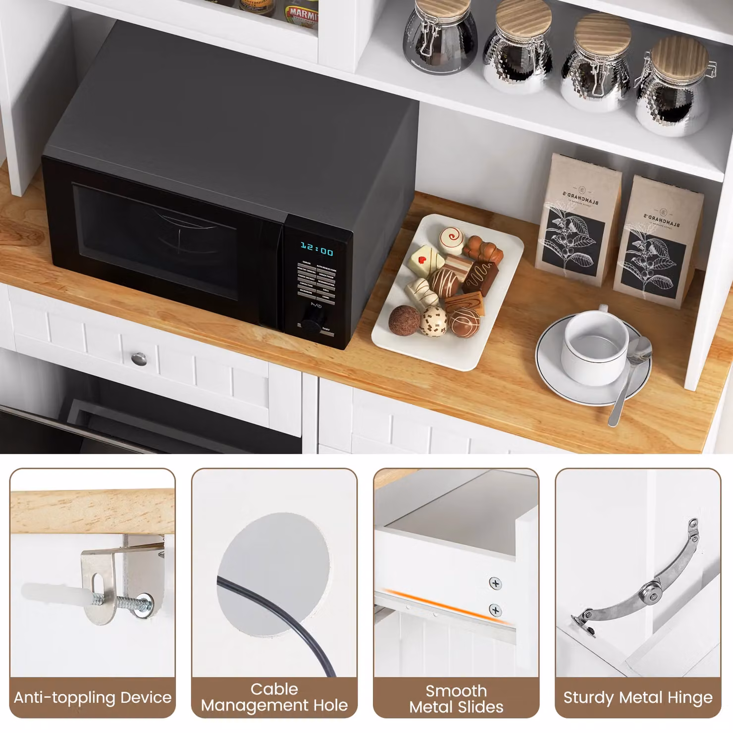 Gymax White Kitchen Pantry Cabinet with Tilt Out Trash Storage and Hutch Sideboard – 4