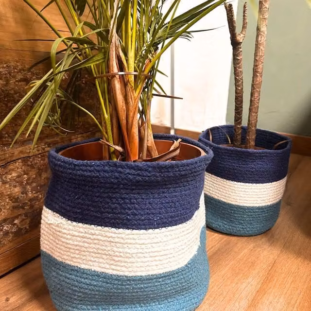 KDMK Set of 3 Evil Eye Jute Rope Baskets in Blue, White and Petrol