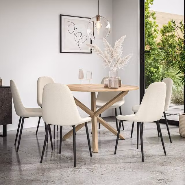 More4Homes Malvern Round Oak Effect Dining Table Set with 6 White Maya Boucle Chairs, Diameter: 120 cm, Height: 75 cm