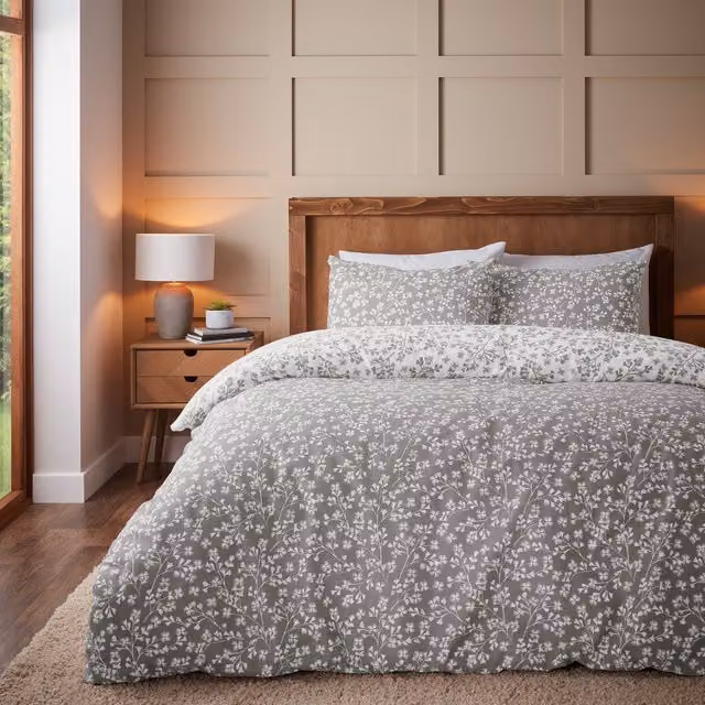 Catherine Lansfield Grace Floral Leaf Brushed Cotton Reversible Duvet Cover Set in Grey