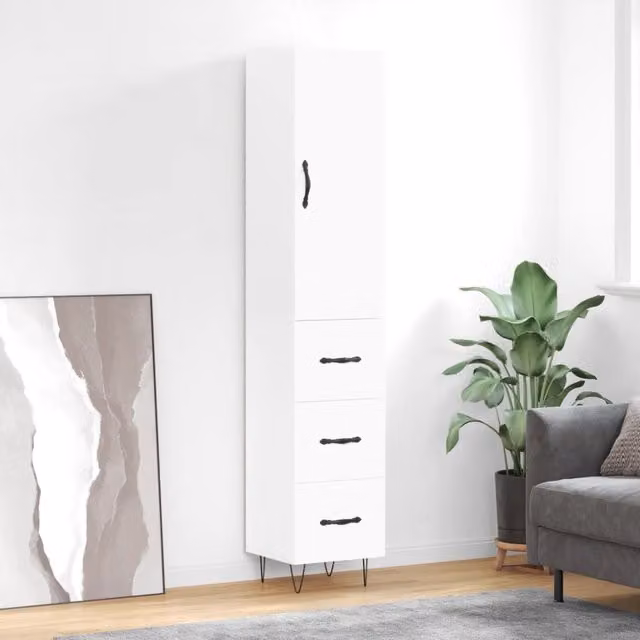 Berkfield Home Modern White Matt Highboard with Hinged Doors and Internal Shelves, W: 34.0 cm, D: 34.5 cm, H: 180.0 cm