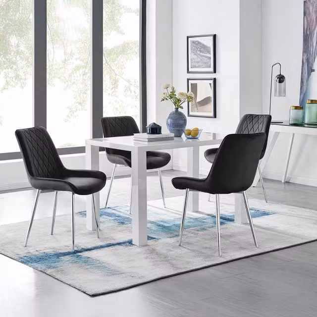 FurnitureboxUK Pivero 4 White Rectangular Dining Table and 4 Pesaro Silver Leg Chairs in Black