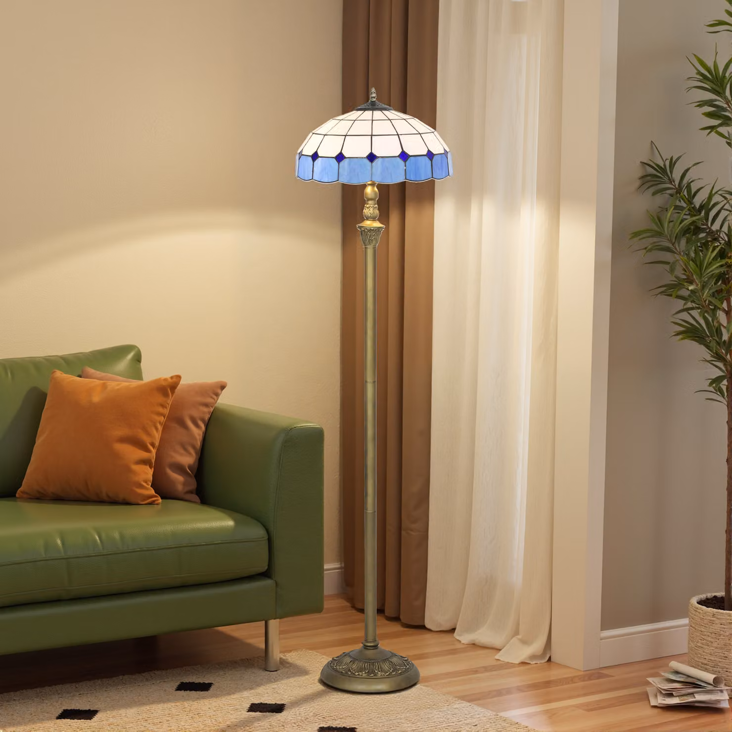 HOMCOM Tiffany-Style Vintage Floor Lamp with Handcrafted Stained Glass Shade, Bronze and Blue, Height: 152 cm – 2
