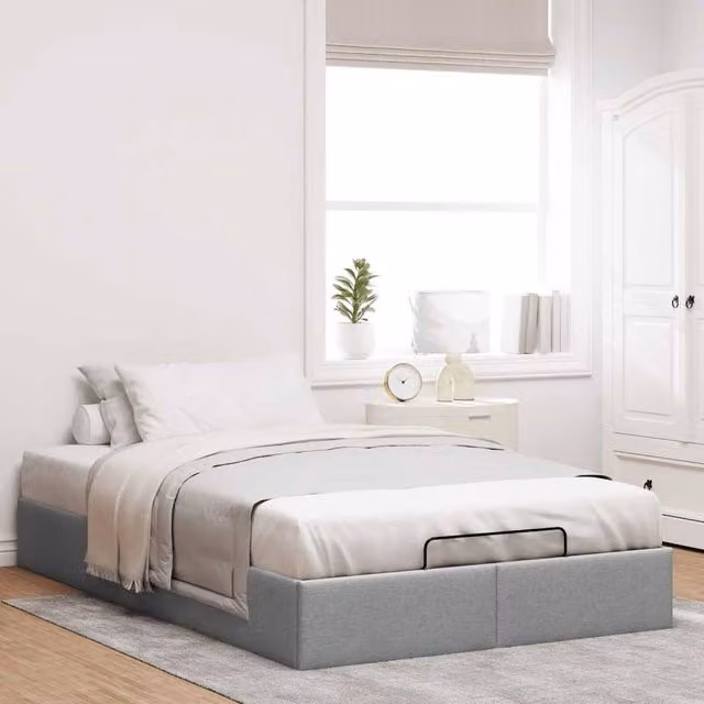 Berkfield Home Ottoman Bed Frame in Light Grey Fabric, W/D/H: 140 x 190 x 135 cm – 1