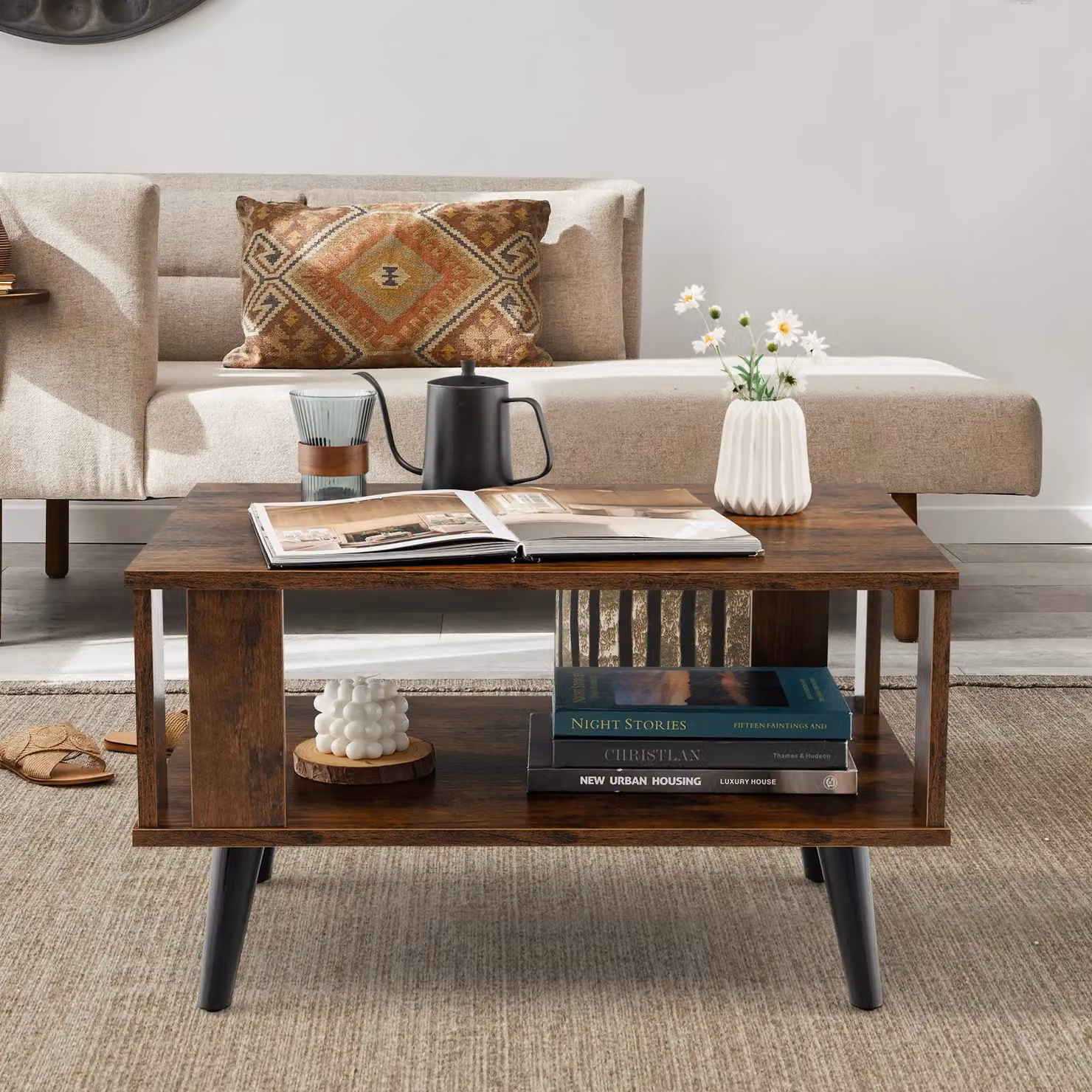 Costway Industrial 2-Tier Wooden Coffee Table in Brown – 6