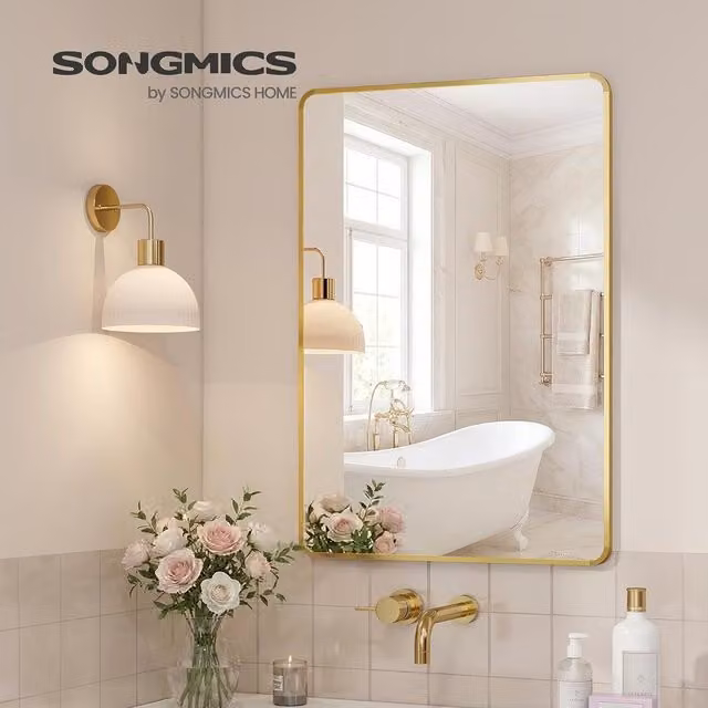 SONGMICS Wall Mounted Rectangular Bathroom Vanity Mirror in Gold, W: 91 cm, H: 61 cm