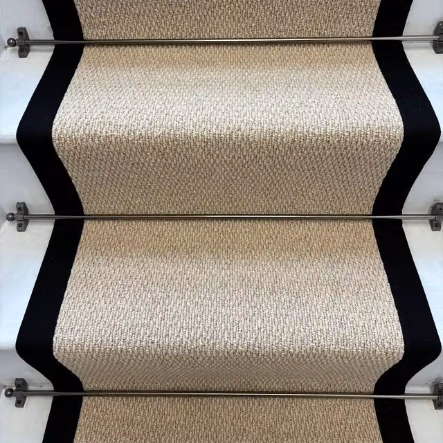 RainbowHome Kalahari Caramel Wool Stair Runner with 100% Cotton Black Border in Camel, W: 55 cm, L: 700 cm – 1