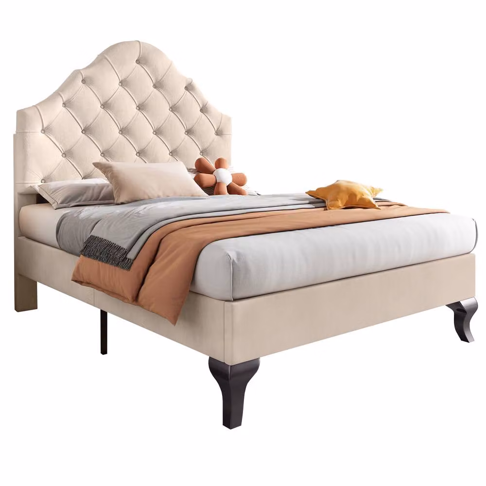ModernLuxe Upholstered Single Bed with Adjustable Headboard and Slatted Frame in Beige, W/D/H: 90 x 190 cm – 3