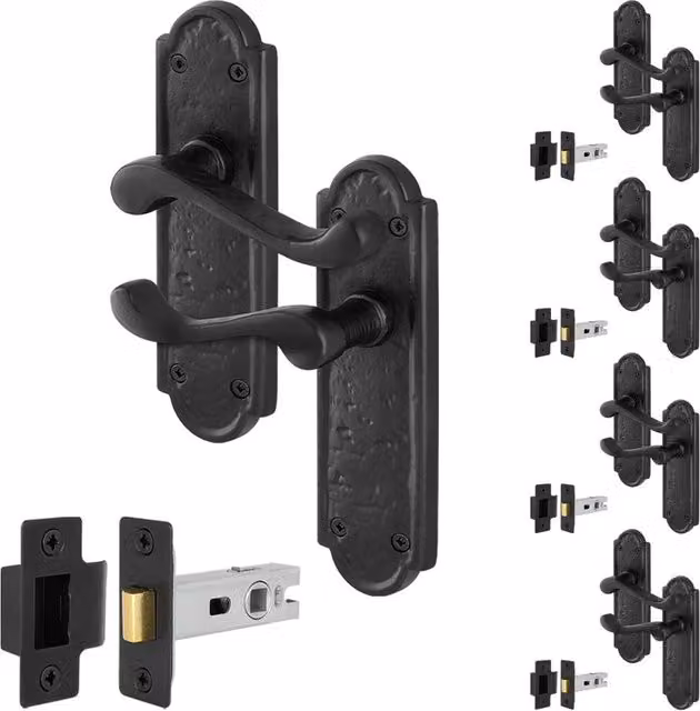 AFIT Black Antique Cast Iron Door Handles with Long Backplate Latch Set, 5 Pairs, W/D/H: 150 x 100 x 15 mm – 1