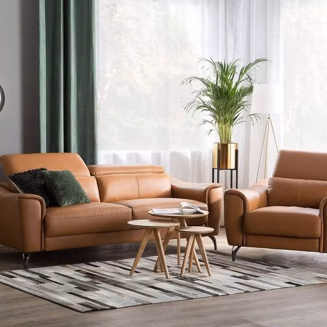 Wyld and Coco Brown 3+1 Leather and Faux Leather Sofa Set with Adjustable Headrests