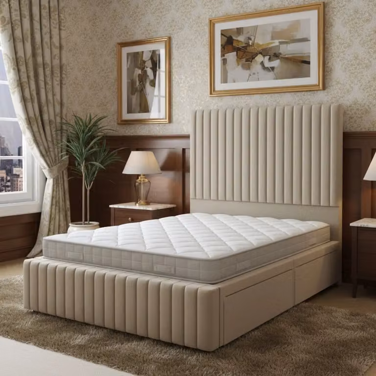 Marbella Modern Beige Fabric Upholstered Bed with Oak Solid Wood Drawers by BEDS NK LTD