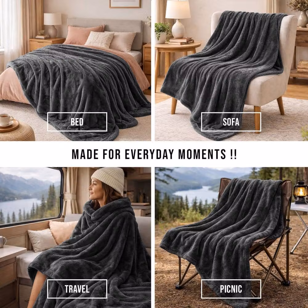 Grace Premium Cozy Flannel Fleece Soft Throw Blanket in Grey, W: 150 cm, L: 200 cm – 7