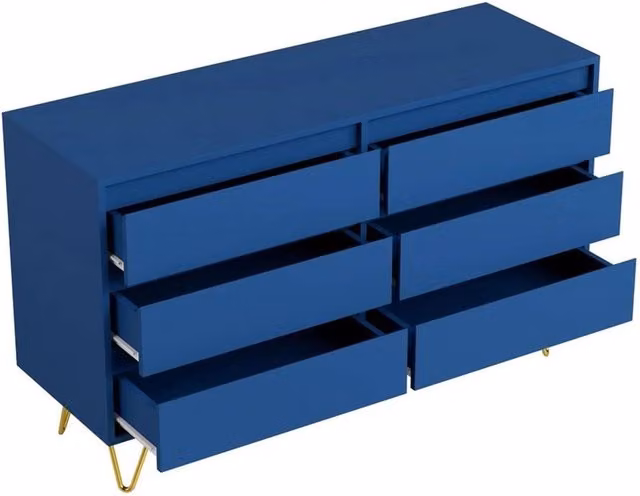 Nordara Navy Blue 6 Drawer Chest with Gold Metal Legs, W: 120 cm