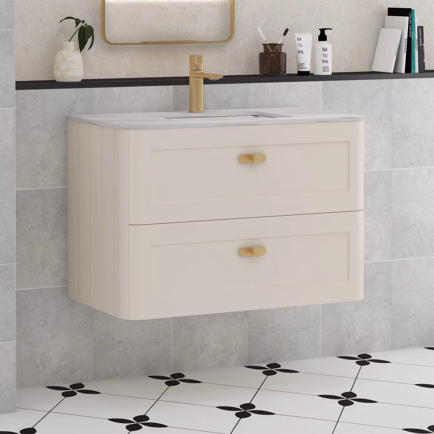 Royal Bathrooms Henley 800mm Wall Hung Vanity Unit in Mushroom Cashmere with 2 Drawers, Undrilled Carrara White Stone Top and Brushed Brass Knob