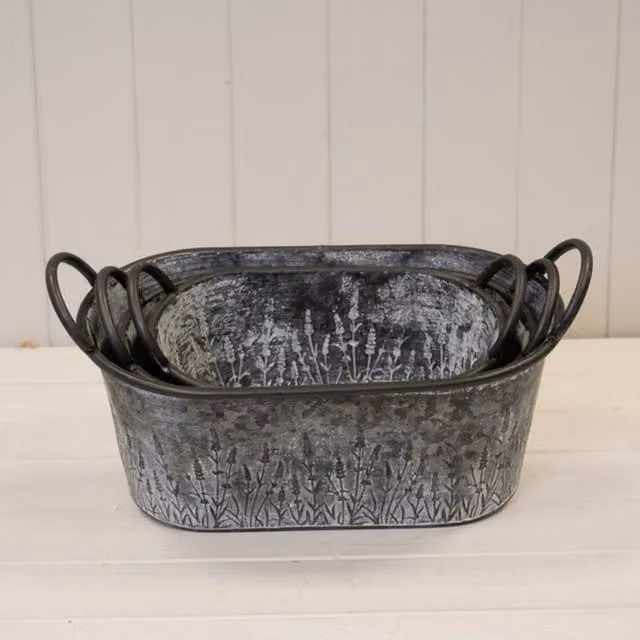 KDMD Set of Three Grey Oval Metal Meadow Planters for Tabletop Use