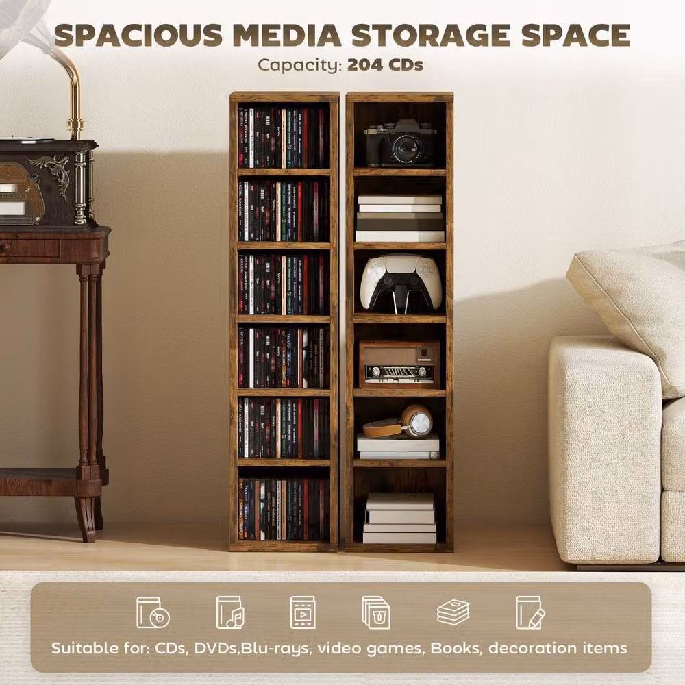 HOMCOM Set of 2 Brown CD and DVD Storage Units with Adjustable Shelves – 4