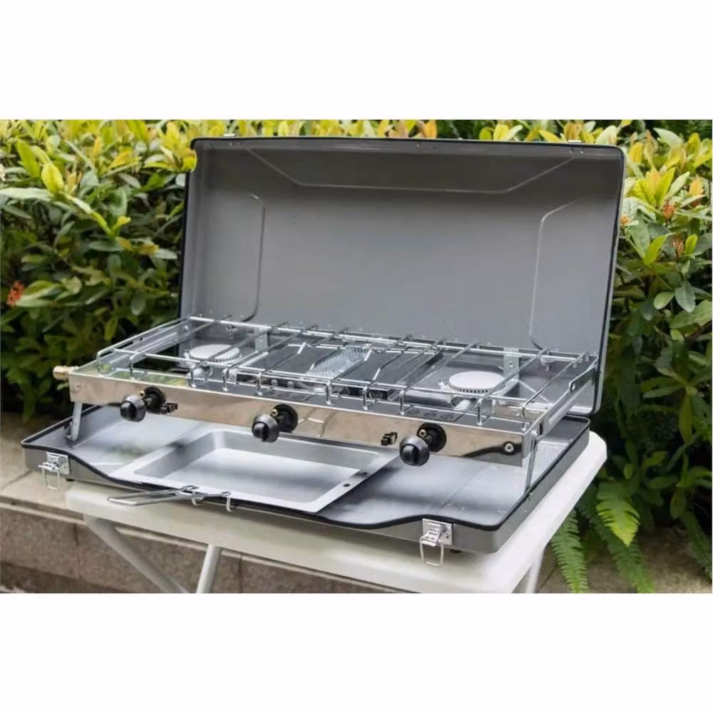 VOGREX Chef Folding Double Burner Portable Gas Camping Stove in Silver – 2