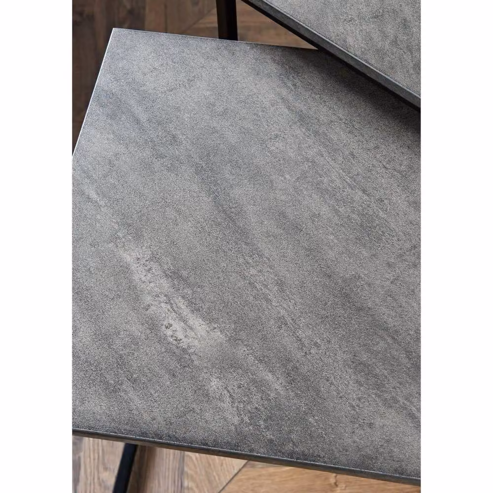 FORGEVIO Grey and Black Stone Effect Nesting Side Tables with Square Composite Tops – 3