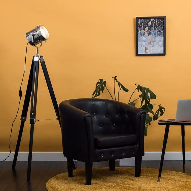 ValueLights Starboard Adjustable Tripod Floor Lamp in Black with Wood and Chrome Details
