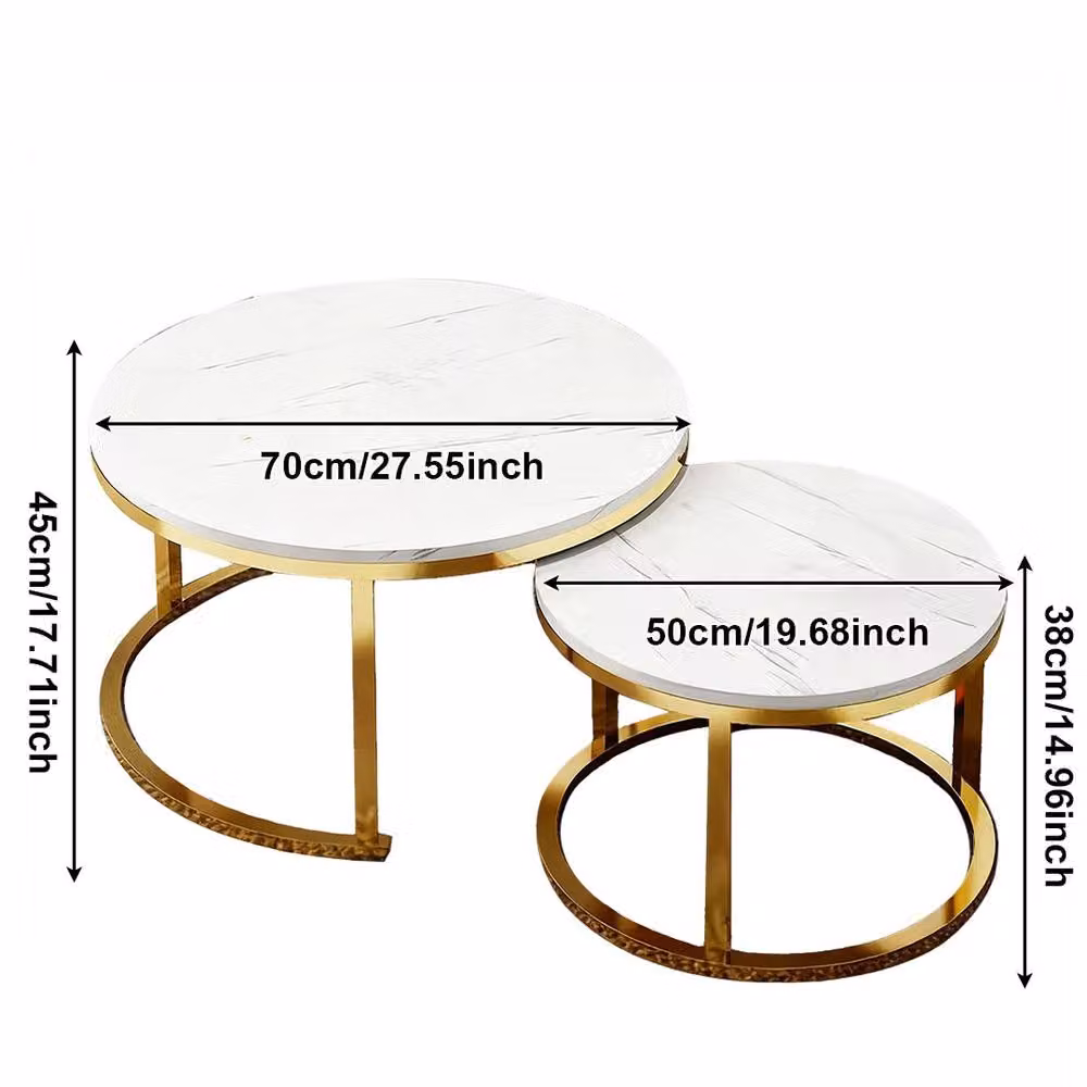 FORGEVIO Set of 2 Round Nesting Coffee Tables with Marble Tops and Sled Base in Gold and White – 2