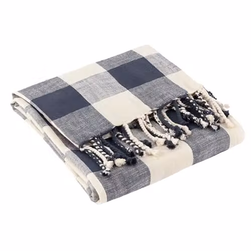 Yard Chesil Check Tasselled Cotton Throw in Blue, W: 130 cm, L: 170 cm – 1