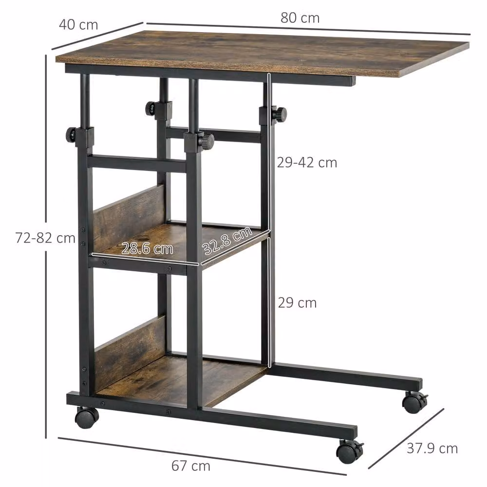 Rolipo C-Shaped Mobile Side Table with 3-Tier Shelves and Adjustable Height in Brown – 4
