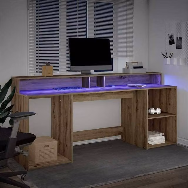 Berkfield Home Soft Gaming Desk with LED Lights in Artisan Oak Brown, W/D/H: 200 x 55 x 91 cm – 1
