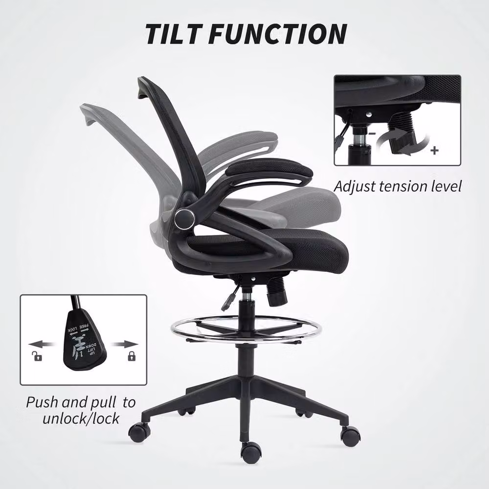 EONLION Black Drafting Chair with Flip-up Armrests and Height Adjustment – 3