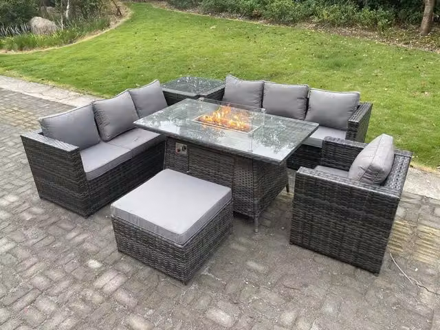 Fimous Dark Grey Rattan Garden Furniture Set with Gas Fire Pit Dining Table and Side Table