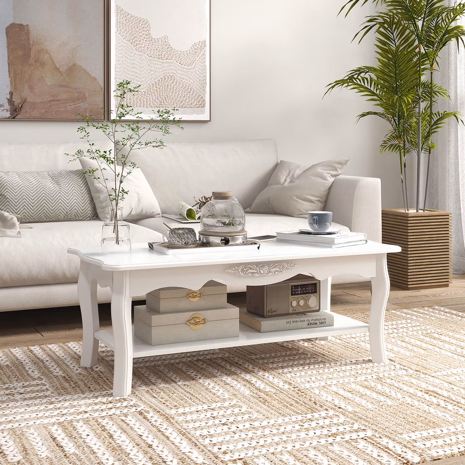 HOMCOM Modern White Coffee Table with Storage Shelf and Two-Layer Wooden Design, W: 94 cm, D: 44 cm, H: 42 cm – 2