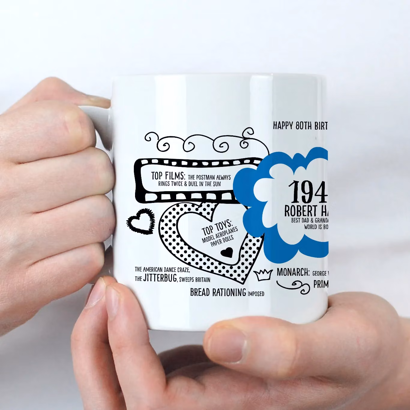 Afewhometruths Personalised 80th Birthday Fun Facts Mug, Born in 1946, Blue and White – 2