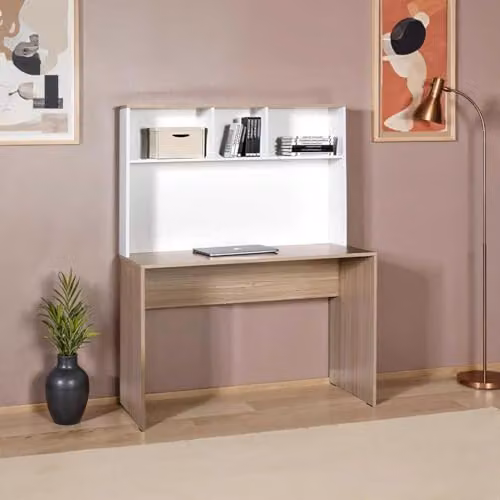 FWStyle Two-Tone Home Office Writing Desk with Storage Hutch, Oak and Matt White, W/D/H: 110 x 52 x 149 cm – 2