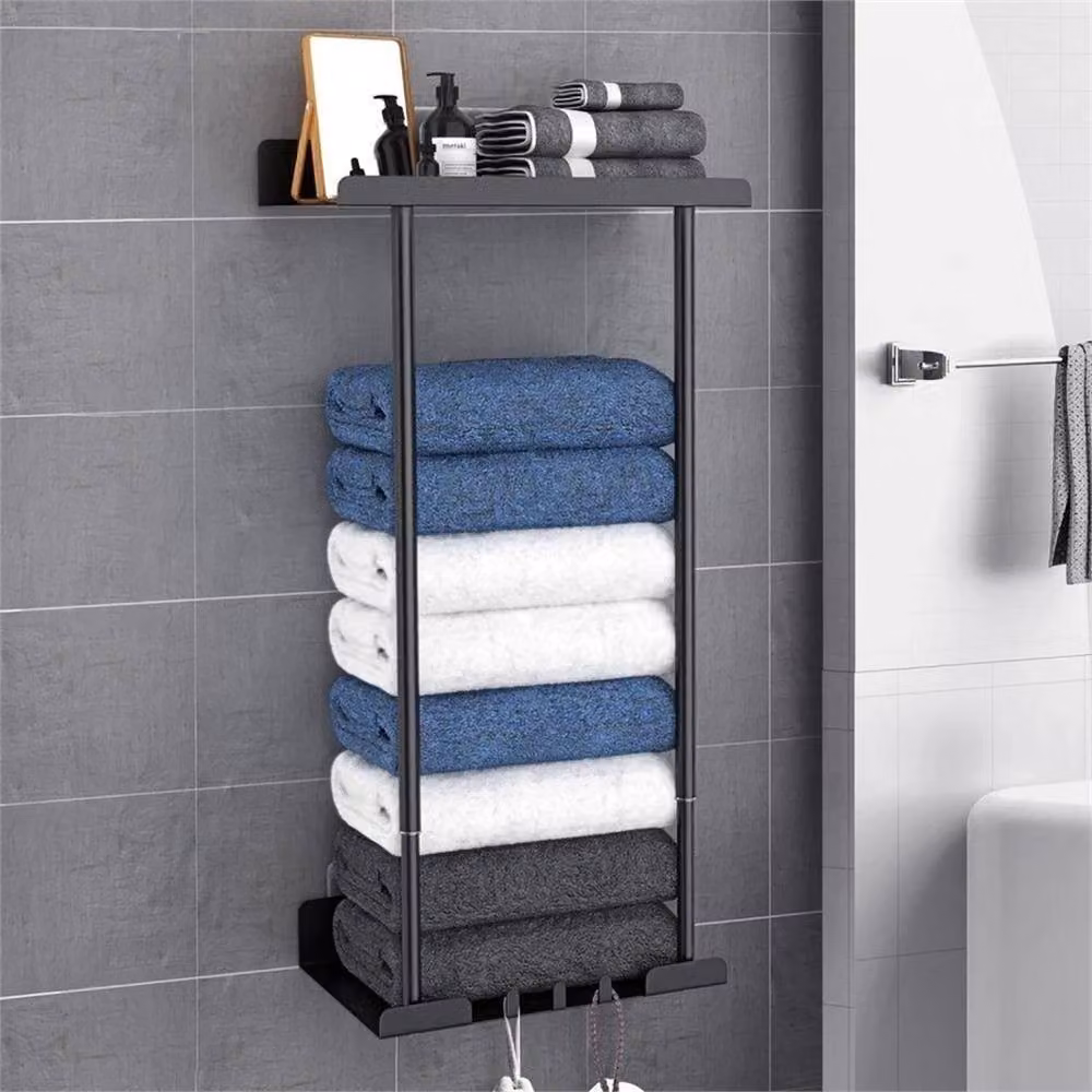 Nordara Wall Mounted Black Metal Bathroom Towel Holder Rack with Shelf and Hooks – 7