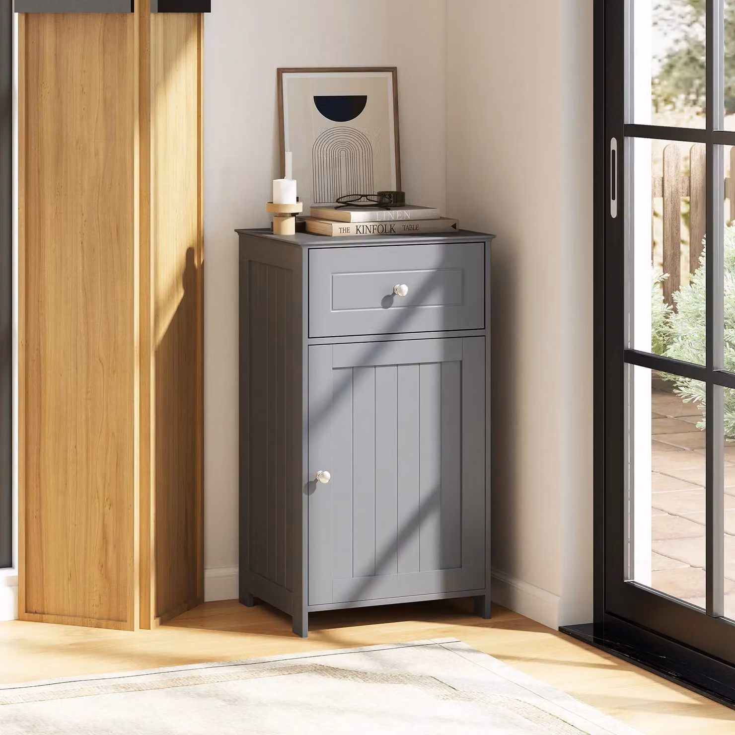 Costway Single Door Grey Bathroom Cabinet with Internal Shelves and Drawers – 6