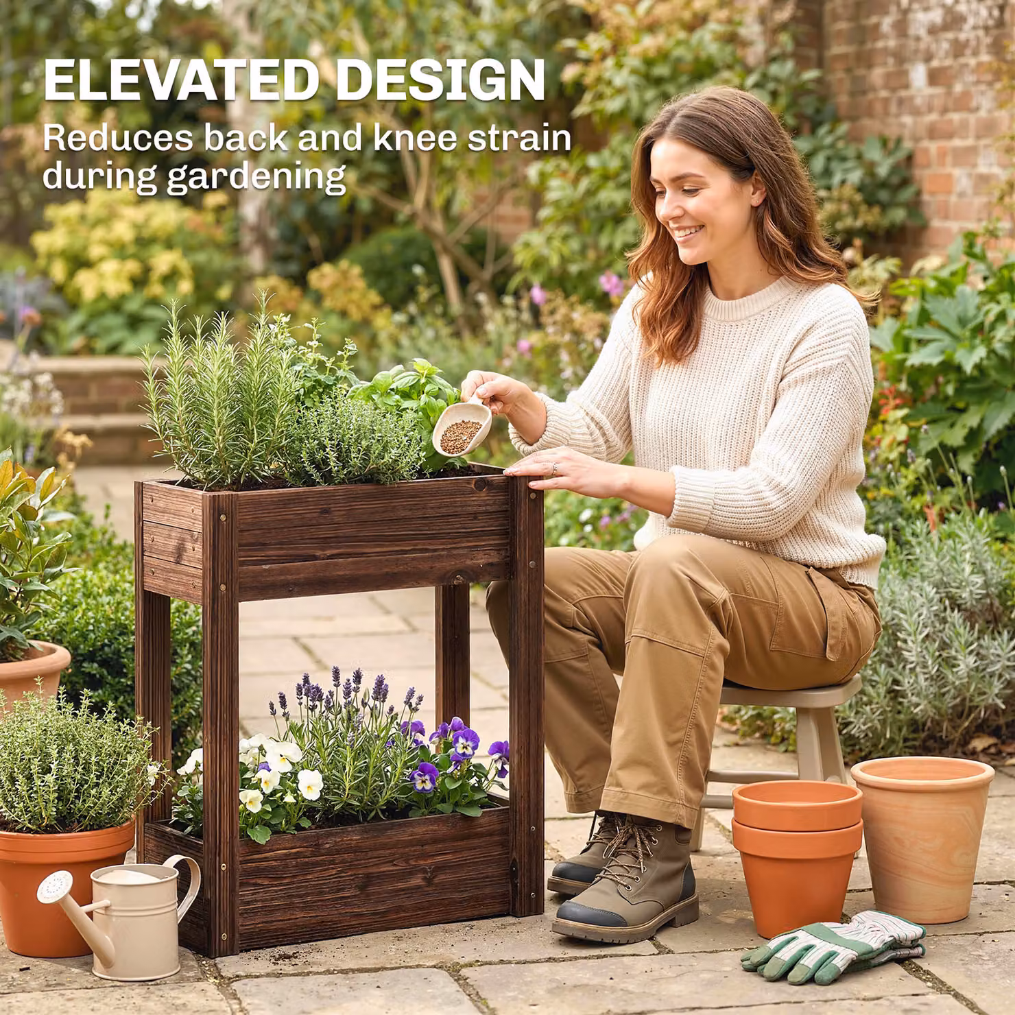 Outsunny 2-Tier Wooden Raised Planter in Brown with Bed Liner and Drainage Holes, W/D/H: 70 x 60 x 25 cm – 3
