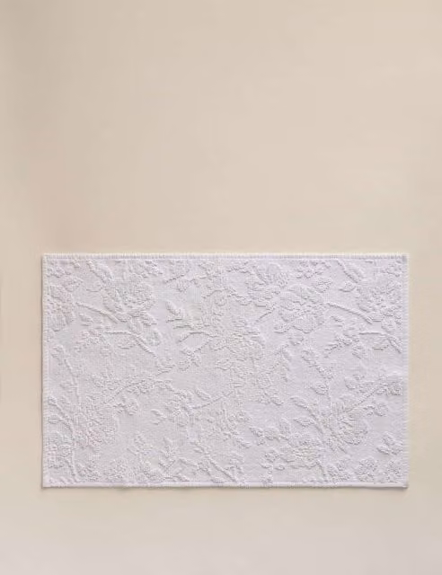 M&S Pure Cotton Floral Rectangular Bath Mat in White