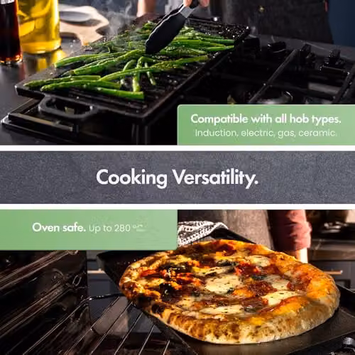 VonShef Reversible Cast Iron Griddle Pan, Black, Oven Safe – 4