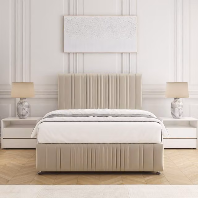 BSSPOKE Rosie Plush Velvet Divan Bed Set with 24 inch Headboard and Mattress in Beige, W/D/H: 90 x 190 cm