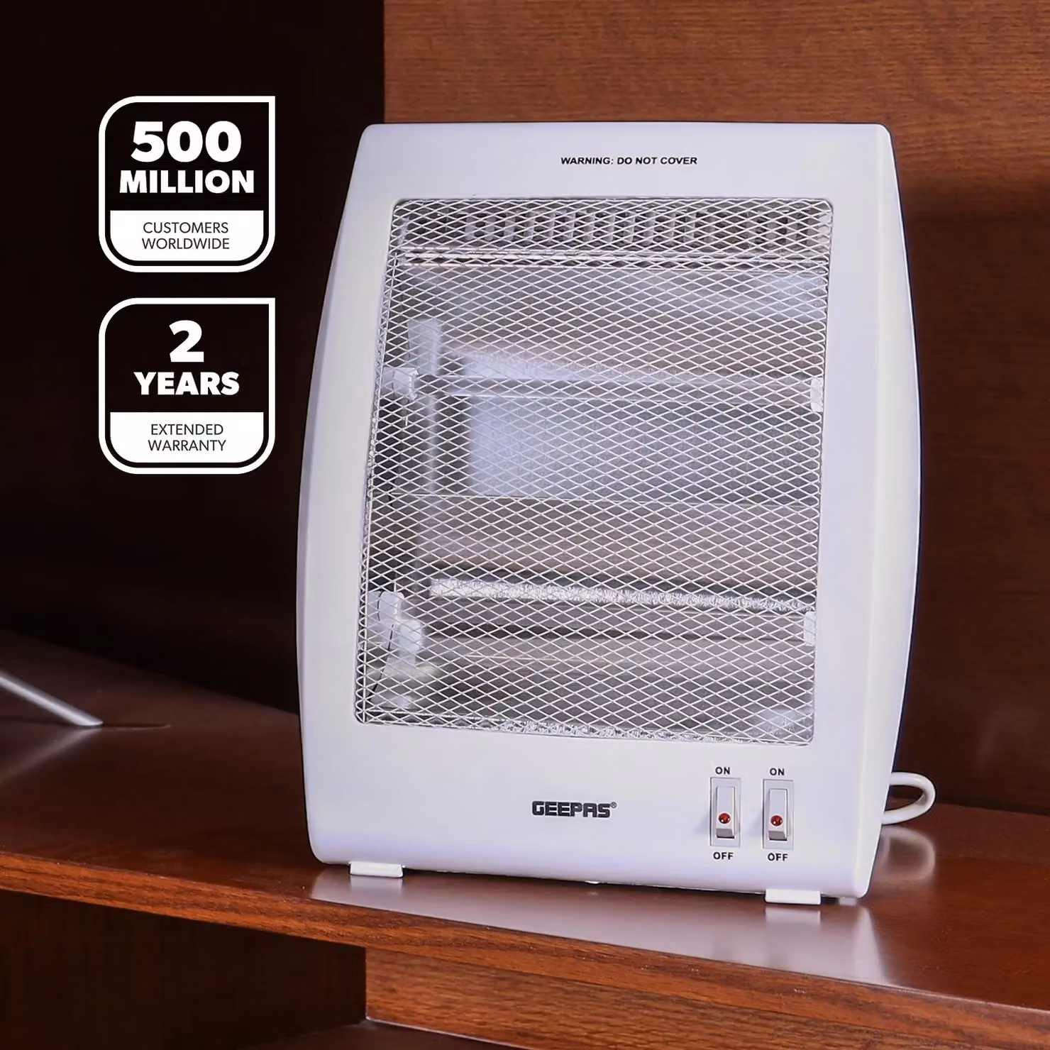 Geepas Quartz Halogen Electric Heater in White with 2 Heat Settings and Overheat Protection – 2