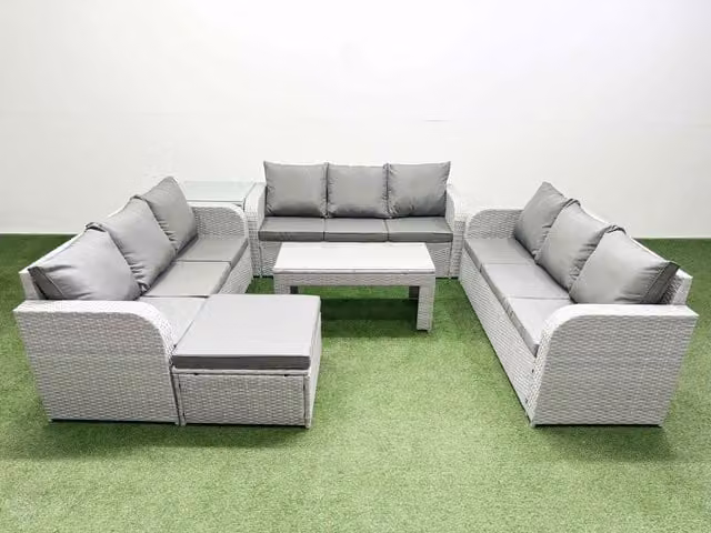Fimous 10 Seater PE Rattan Garden Furniture Set in Light Grey with 3 Seater Sofa, Oblong Coffee Table, Footstool and Side Table